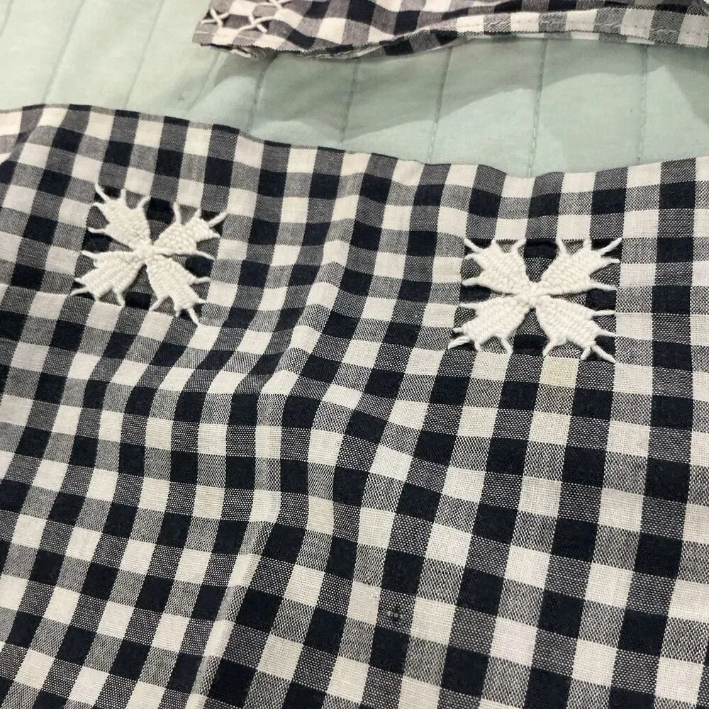 Vintage Handmade Black White Gingham Half Apron Embroidered Pocket 70” Tie